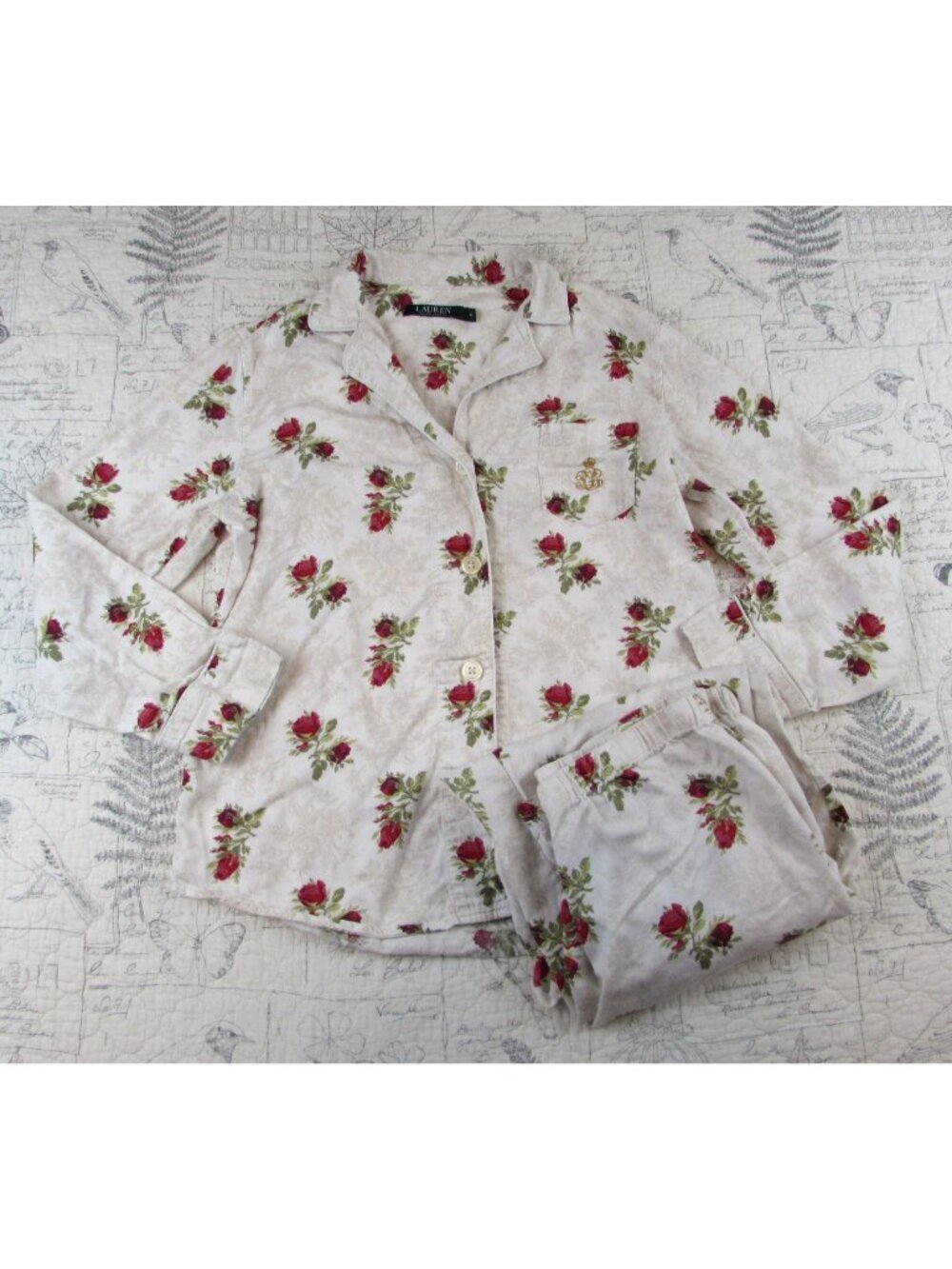 Lauren Ralph Lauren Black Label Pajama Set Women's Monogram Rose print sz M